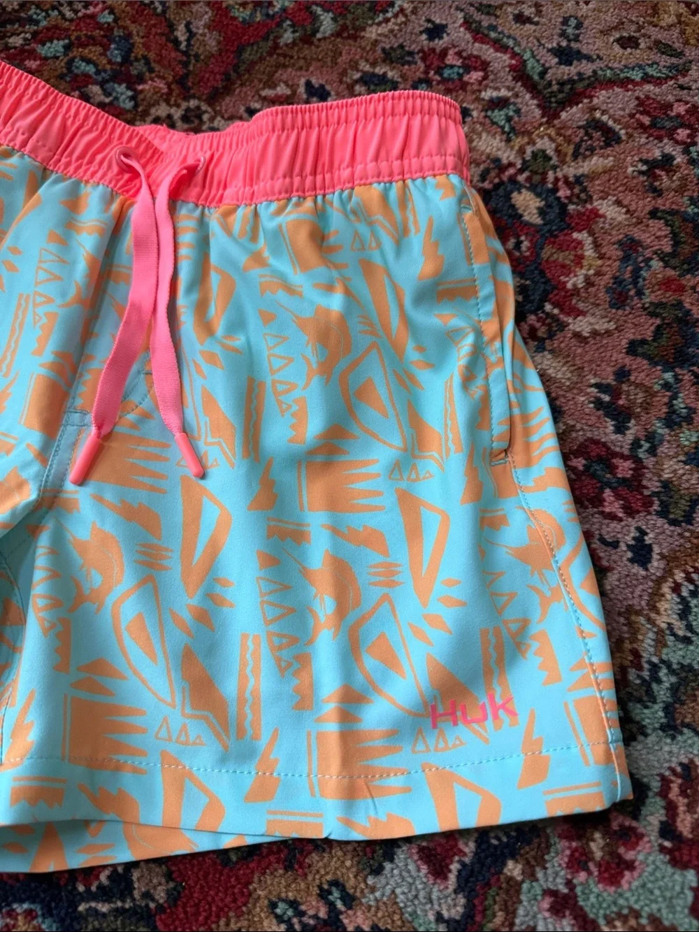 Huk boys turquoise and orange swimtrunks youth small